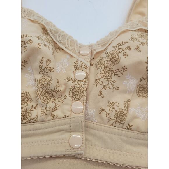 Glamorette Tan Floral Snap Button Front Closure Lingerie Wire Free Bra Size 40 - Picture 7 of 7